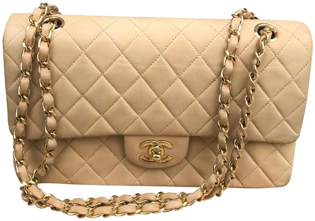 Chanel Classic Double Chain Beige Lambskin Leather Cross Body Bag 