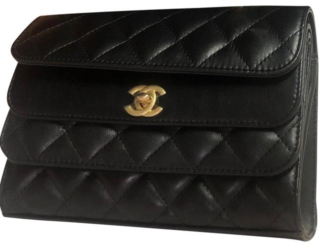 Chanel Classic Flap Black Lambskin Leather &amp Gold Tone Metal Cross Body Bag 