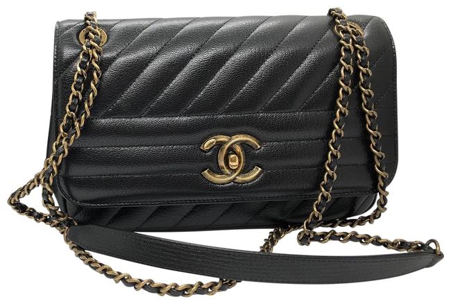 Chanel Classic Flap Camera Case Chevron Quilted Black Leather Cross Body Bag 