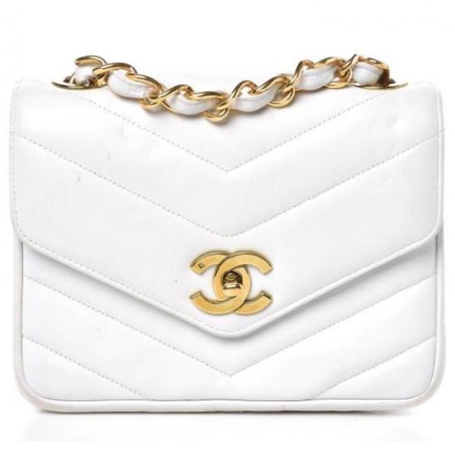Chanel Classic Flap Chevron Square White Leather Cross Body Bag 