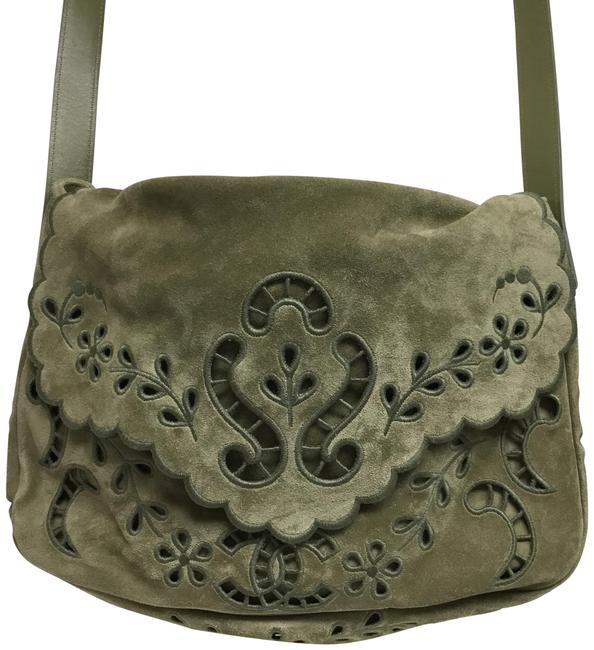 Chanel Classic Flap Eyelet Embroidered Green Suede Cross Body Bag 