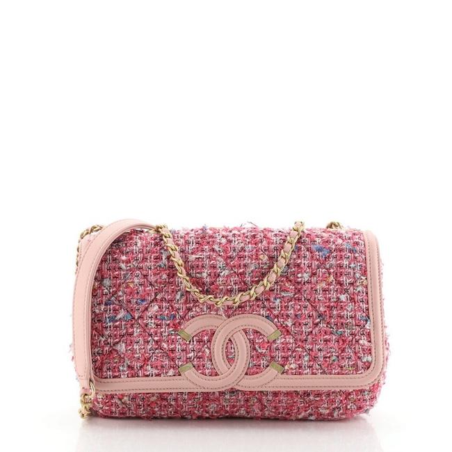 Chanel Classic Flap Filigree Quilted Small Pink Tweed Cross Body Bag 