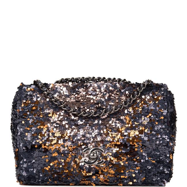 Chanel Classic Flap And Gold Mini Ruthenium Hardware Blue Sequin Cross Body Bag 