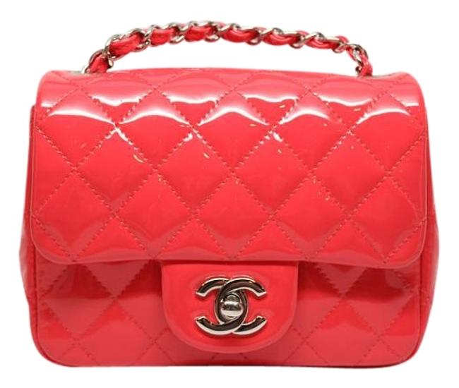 Chanel Classic Flap Hot Coral Pink Patent Leather Mini Square Cross Body Bag 