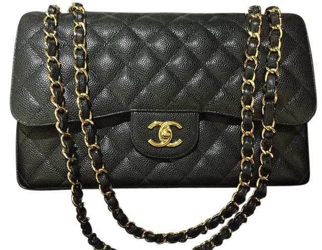 Chanel Classic Flap Jumbo Double Black Caviar Leather Cross Body Bag 