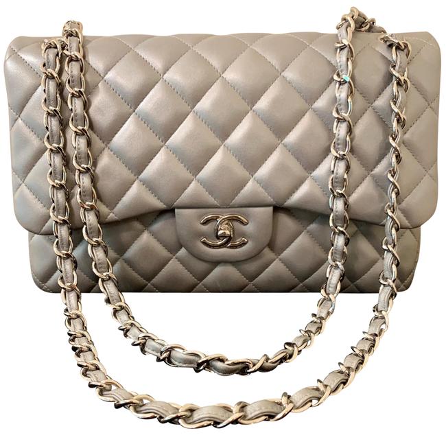Chanel Classic Flap Jumbo Silver Lambskin Leather Cross Body Bag 