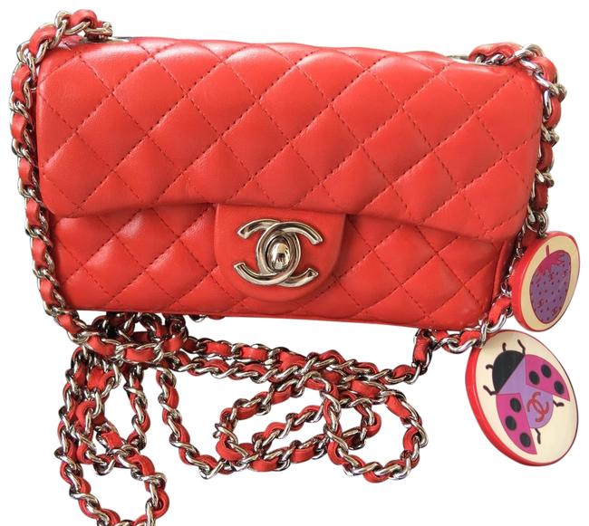 Chanel Classic Flap Mini Red Coral Lambskin Leather Cross Body Bag 