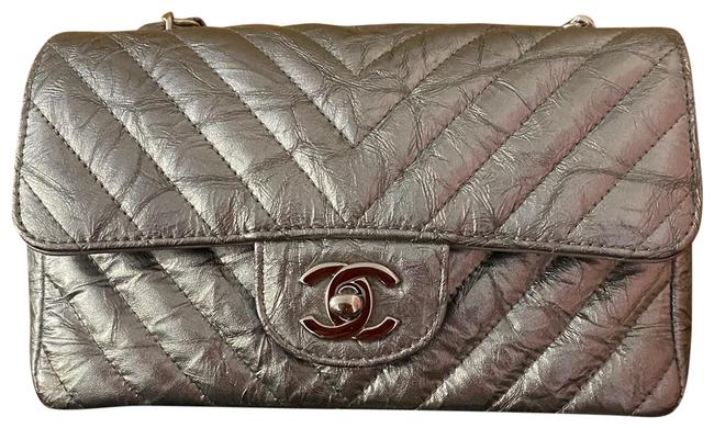 Chanel Classic Flap Mini Silver Patent Chevron Cross Body Bag 