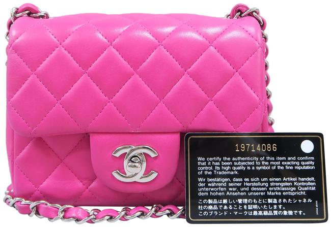 Chanel Classic Flap Mini Square Fuchsia Lambskin Leather Cross Body Bag 