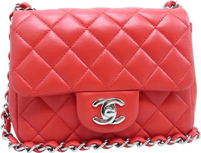 Chanel Classic Flap Mini Square Orangered Lambskin Leather Cross Body Bag 