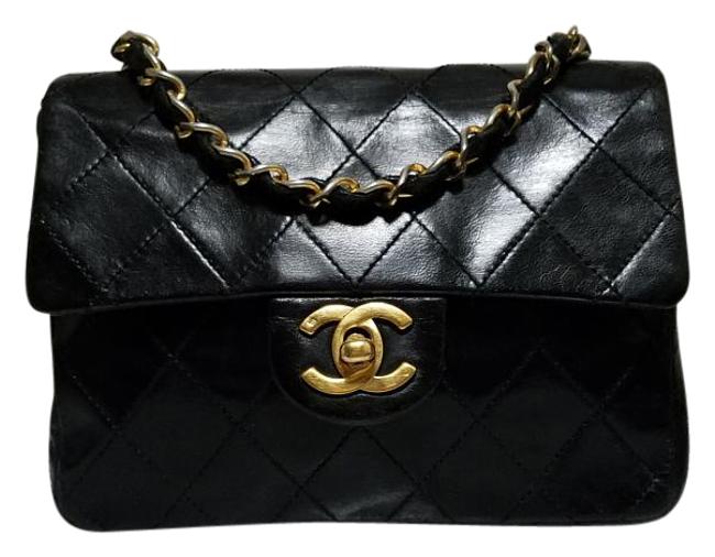 Chanel Classic Flap Mini Square Vintage Black Lambskin Leather Cross Body Bag 