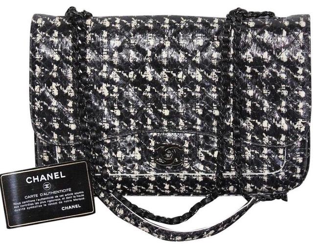 Chanel Classic Flap New Houndstooth Purse Black White Leather Cross Body Bag 