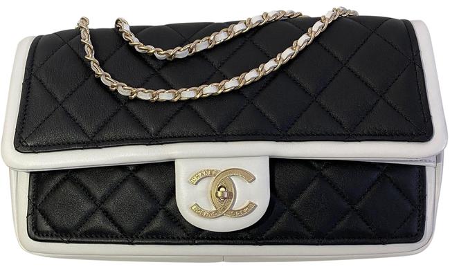 Chanel Classic Flap Quilted Black and White Calfskin Leather Cross Body Bag 