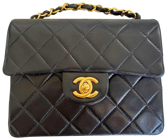Chanel Classic Flap Quilted Mini Square Black Lambskin Leather Cross Body Bag 