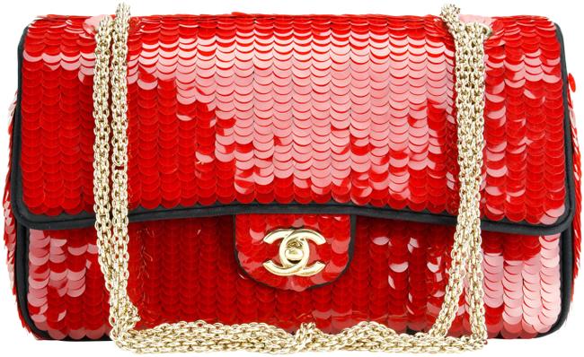 Chanel Classic Flap Sequin Paris shanghai Medium Red Satin Cross Body Bag 