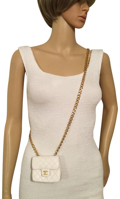 Chanel Classic Flap Super Rare Mcro Mini White Leather Cross Body Bag 