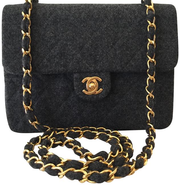 Chanel Classic Flap Super Rare Vintage Mini Dark Gray Wool Cross Body Bag 