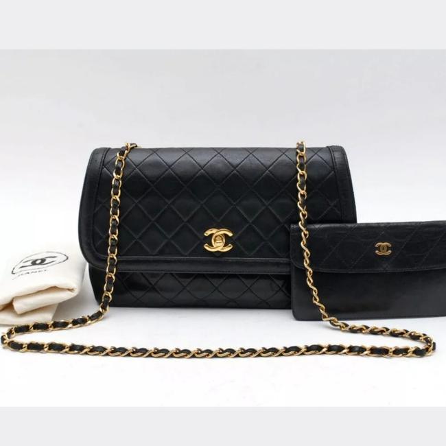 Chanel Classic Flap W WCard Case Black Lambskin Leather Cross Body Bag 