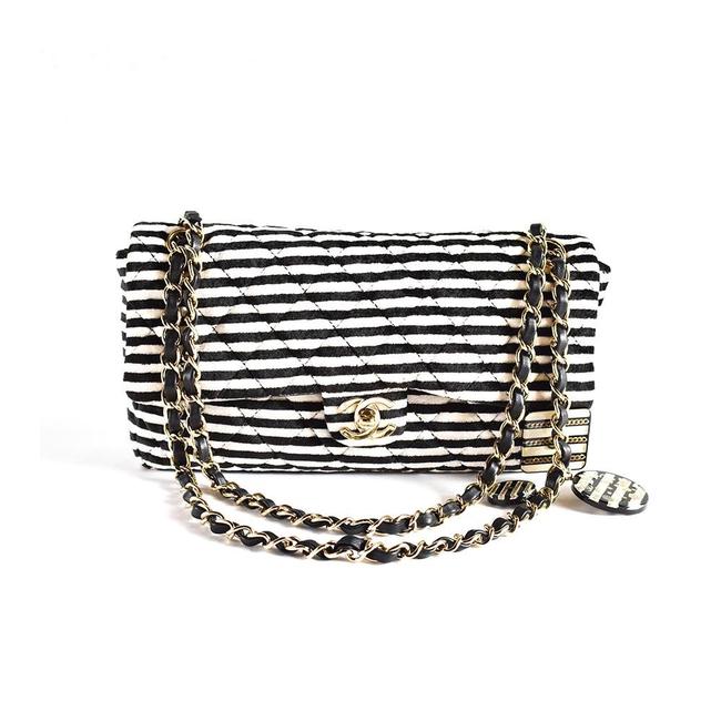 Chanel Classic Flap With Charms Black &amp White Striped Velour Cross Body Bag 