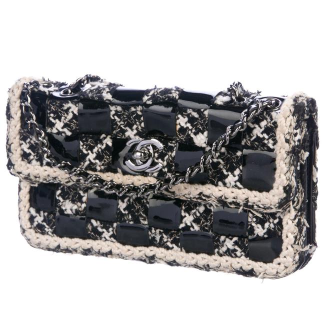 Chanel Classic Flap Woven Vintage Black and Beige Tweed Patent Cross Body Bag 