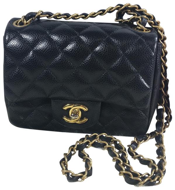 Chanel Classic Mini Square Flap Black Caviar Leather Cross Body Bag 