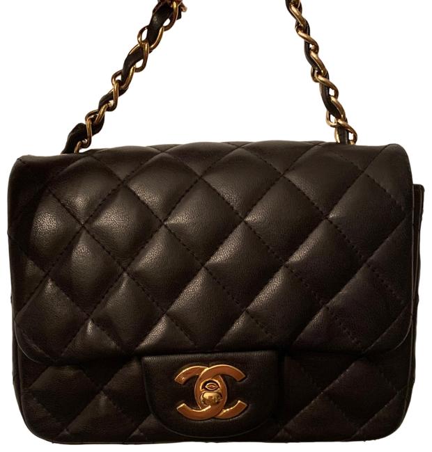 Chanel Classic Mini Square Flap Black Lambskin Leather Cross Body Bag 