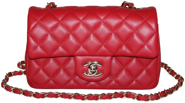 Chanel Classic New Mini Flap Quilted Red Lambskin Leather Cross Body Bag 
