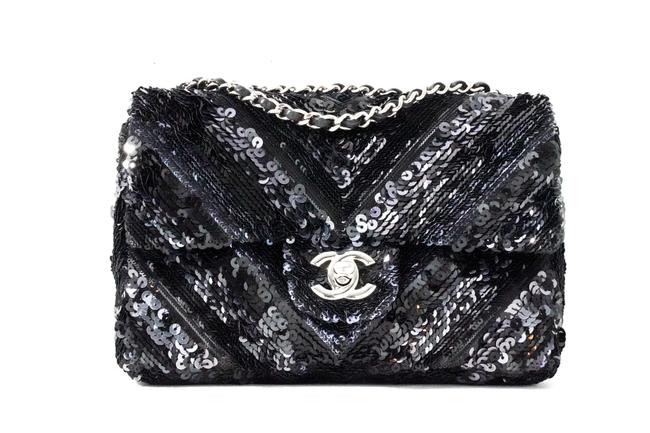 Chanel Classic Sequins Mini Flap Black Lambskin Leather Cross Body Bag 