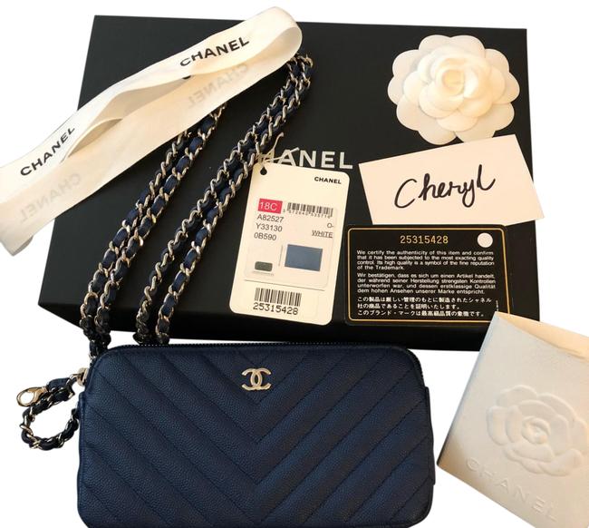 Chanel Clutch Chevron Quilted with Chain Blue Leather Cross Body Bag 