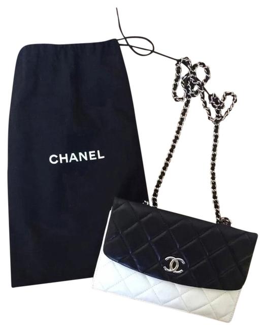 Chanel Clutch Classic Mini Flap Black White Lambskin Leather Cross Body Bag 
