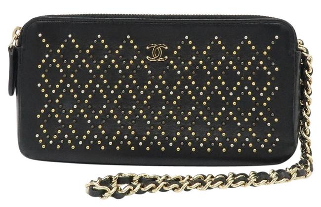 Chanel Clutch Studded with Chain Black Leather Cross Body Bag 