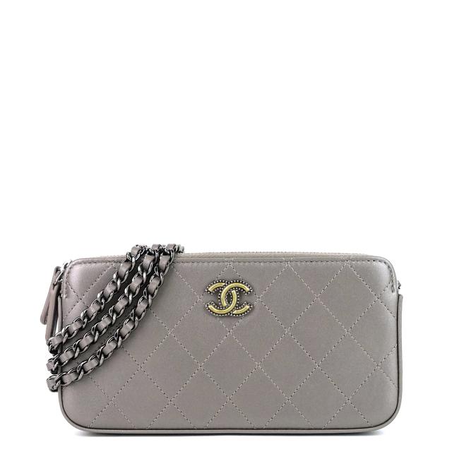 Chanel Clutch With Chain Flat Quilt Gray Leather Cross Body Bag 