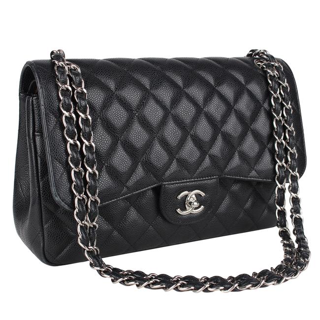 Chanel Double Flap Excellent Classic Caviar 8136 Black Leather Cross Body Bag 