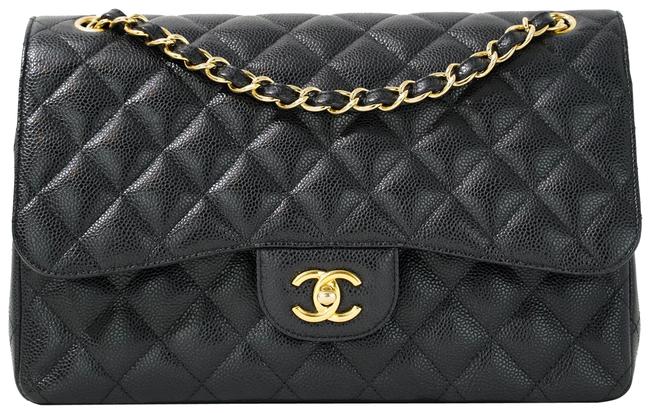 Chanel Double Flap Jumbo Black Caviar Gold Hardware Cross Body Bag 