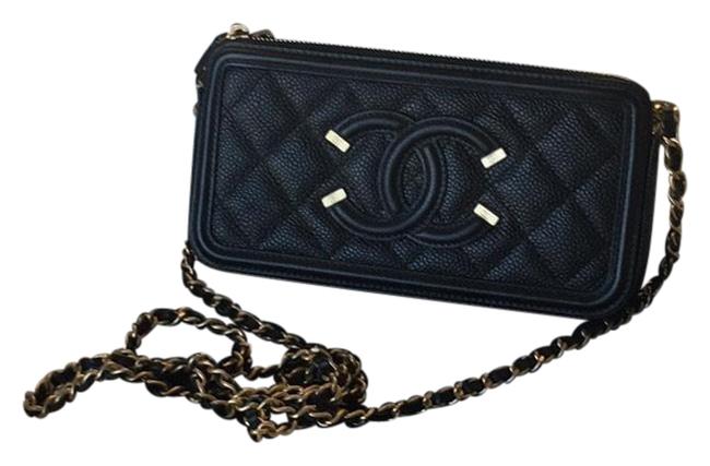 Chanel Filigree Wallet Chain Black Caviar Leather Cross Body Bag 