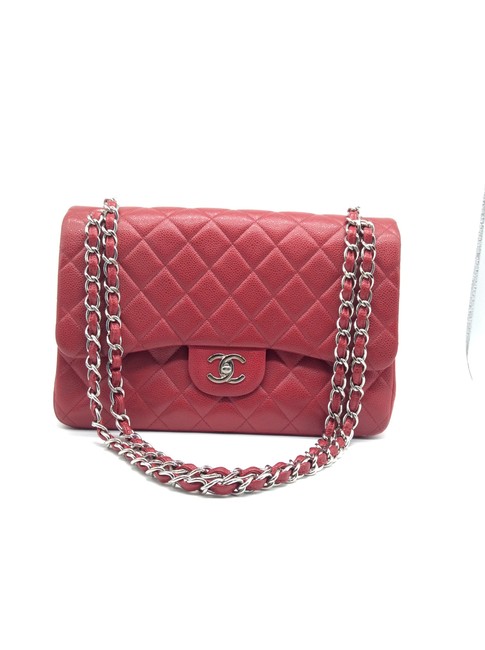 Chanel Flap Jumbo Classic Red Caviar Quilted Cross Body Bag 