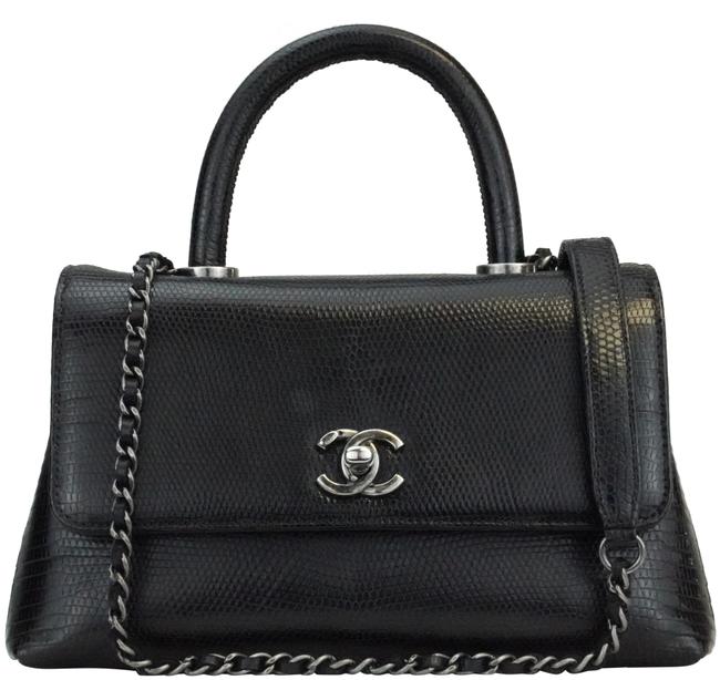Chanel Flap with Handle Top Black Lizard Skin Leather Cross Body Bag 