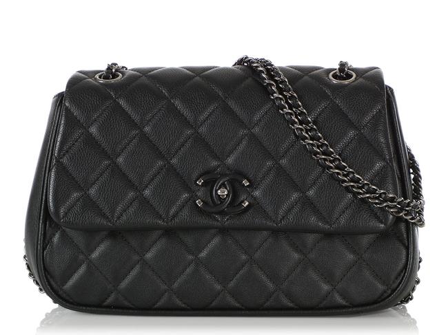 Chanel Frame In Chain Flap Quilted Black Calfskin Leather Cross Body Bag 