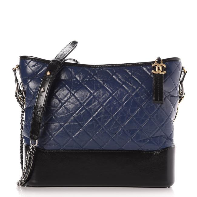 Chanel Gabrielle Hobo Aged Calfskin Quilted Large Black Blue Cross Body Bag 