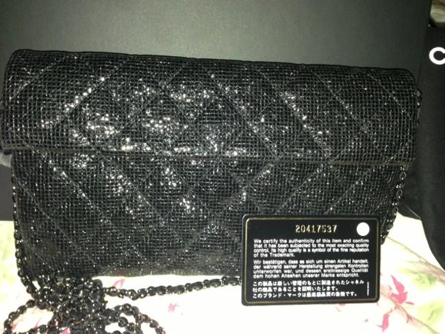 Chanel Glittery Quilted New Black Shiny Sparkly Fabric Cross Body Bag 