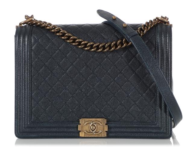 Chanel Boy Handbag Large Dark Navy Quilted Caviar Blue Leather Cross Body Bag 