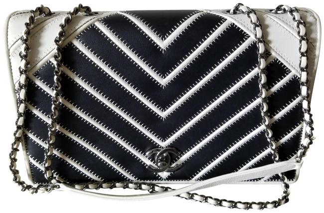 Chanel Handbag Boy Medium Chevron White Black Calfskin Leather Cross Body Bag 