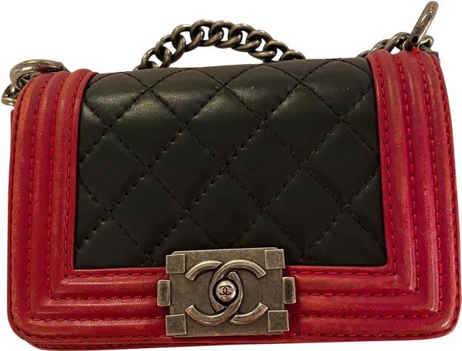 Chanel Handbag Boy Mini Red Black Lambskin Leather Cross Body Bag 