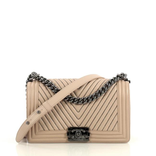 Chanel Handbag Boy Old Medium Chevron Beige Calfskin Leather Cross Body Bag 