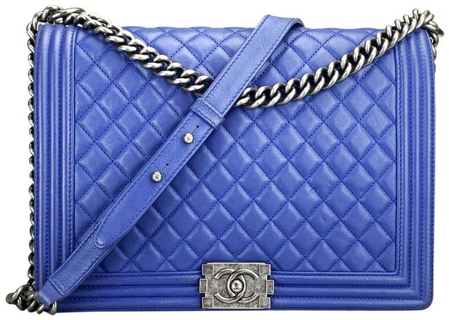 Chanel Handbag Boy Quilted Large Flap Blue Calfskin Leather Cross Body Bag 