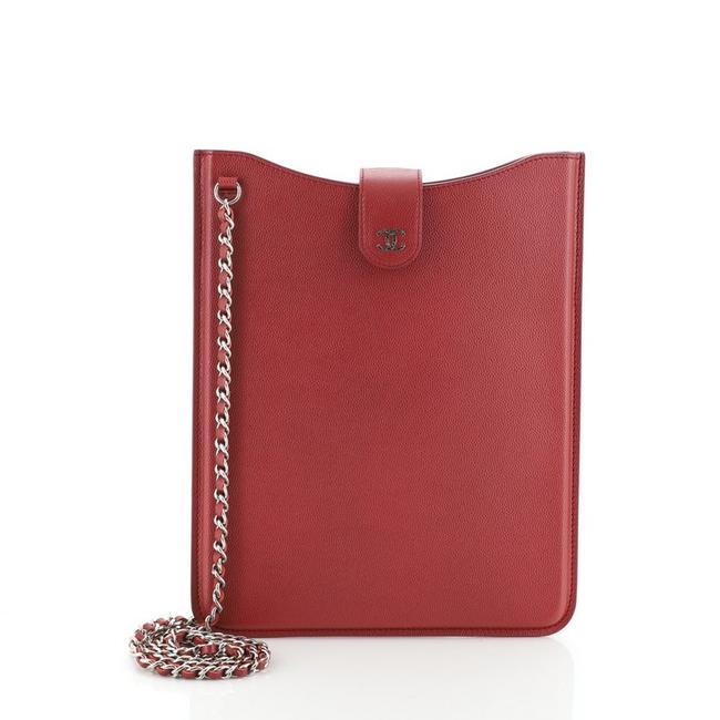 Chanel Ipad Chain Caviar Red Leather Cross Body Bag 