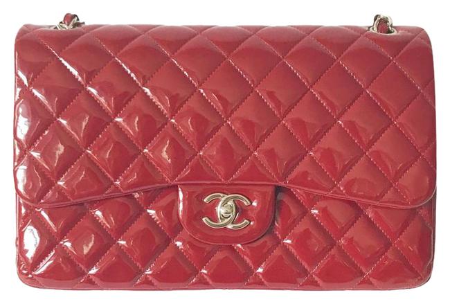 Chanel Jumbo Wine Red Patent Leather Cross Body Bag 