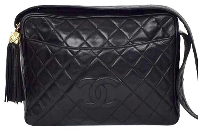 Chanel Shoulder Lambskin Quilted Tassel Or Black Leather Cross Body Bag 