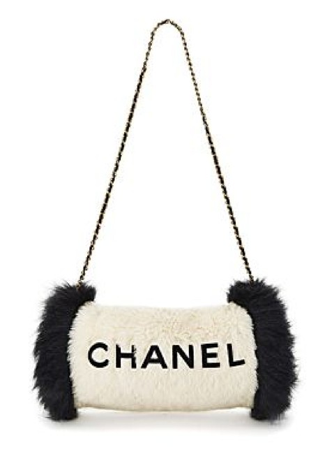 Chanel Logos Hand Warmer with Chain Strap Muff White Faux Fur Cross Body Bag 