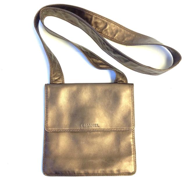 Chanel Messenger Flat #5962 Metallic Bronze Logo Leather Flap Cross Body Bag 